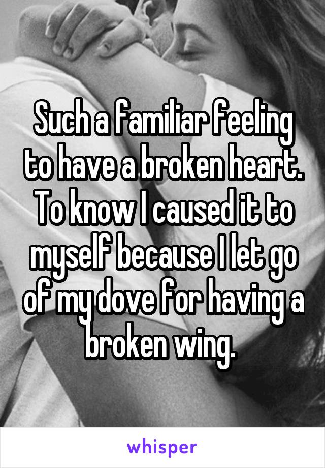 Such a familiar feeling to have a broken heart. To know I caused it to myself because I let go of my dove for having a broken wing. 