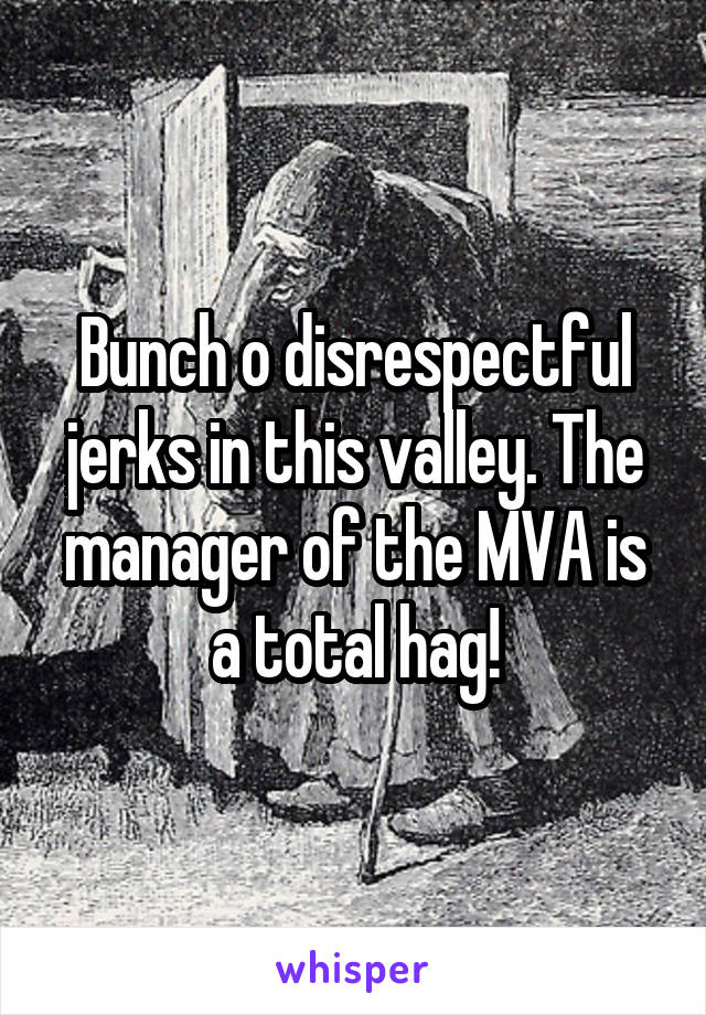 Bunch o disrespectful jerks in this valley. The manager of the MVA is a total hag!