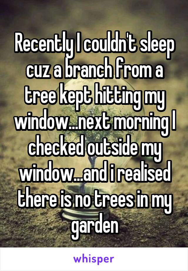 Recently I couldn't sleep cuz a branch from a tree kept hitting my window...next morning I checked outside my window...and i realised there is no trees in my garden