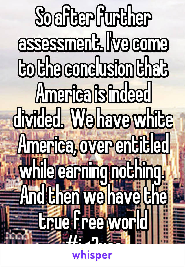 So after further assessment. I've come to the conclusion that America is indeed divided.  We have white America, over entitled while earning nothing.  And then we have the true free world #i<3usa
