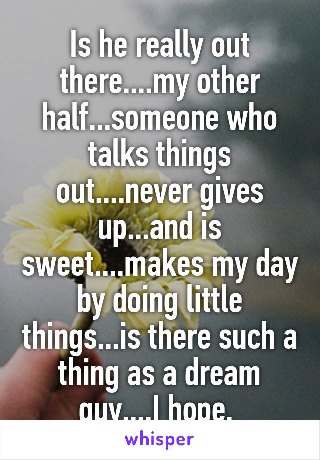 Is he really out there....my other half...someone who talks things out....never gives up...and is sweet....makes my day by doing little things...is there such a thing as a dream guy....I hope. 