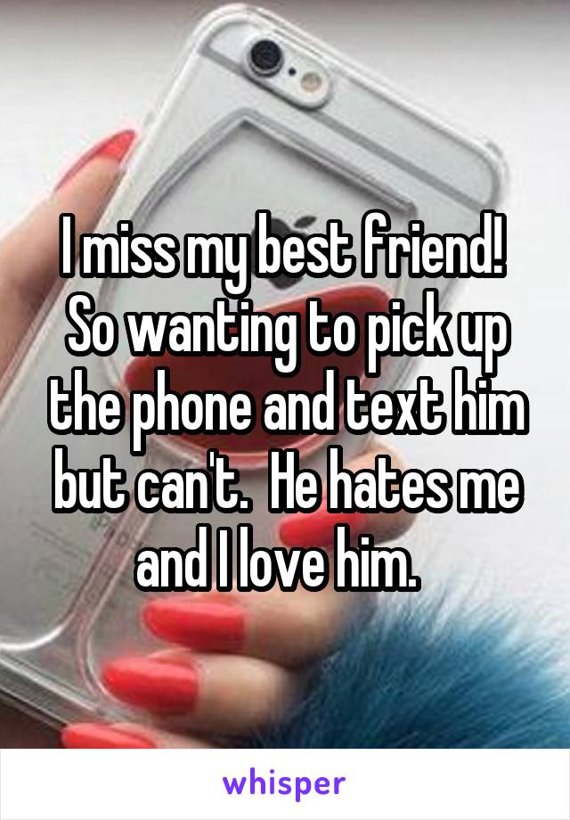 I miss my best friend!  So wanting to pick up the phone and text him but can't.  He hates me and I love him.  