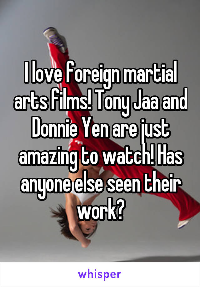 I love foreign martial arts films! Tony Jaa and Donnie Yen are just amazing to watch! Has anyone else seen their work?