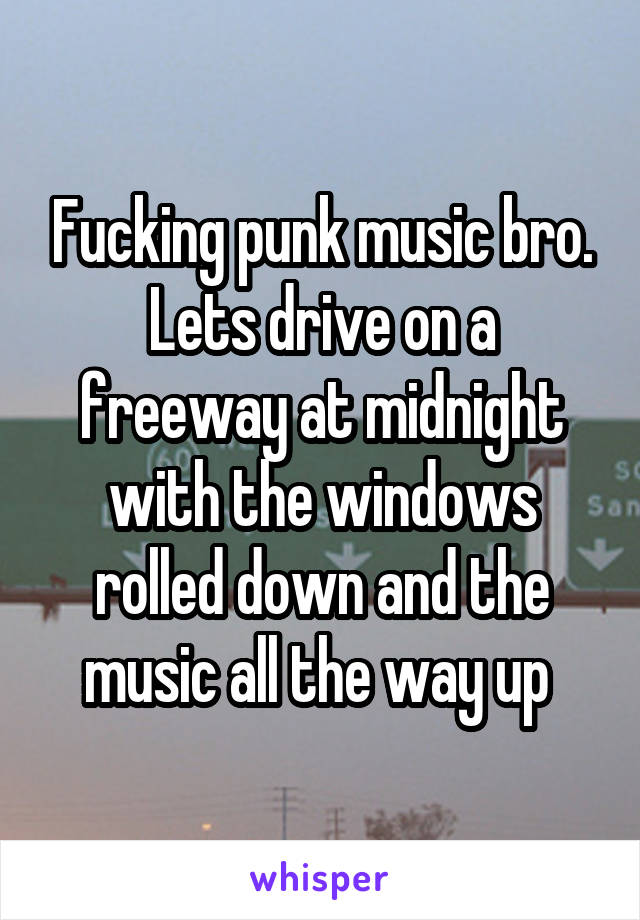 Fucking punk music bro. Lets drive on a freeway at midnight with the windows rolled down and the music all the way up 