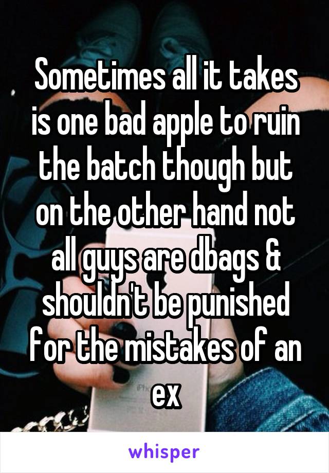 Sometimes all it takes is one bad apple to ruin the batch though but on the other hand not all guys are dbags & shouldn't be punished for the mistakes of an ex