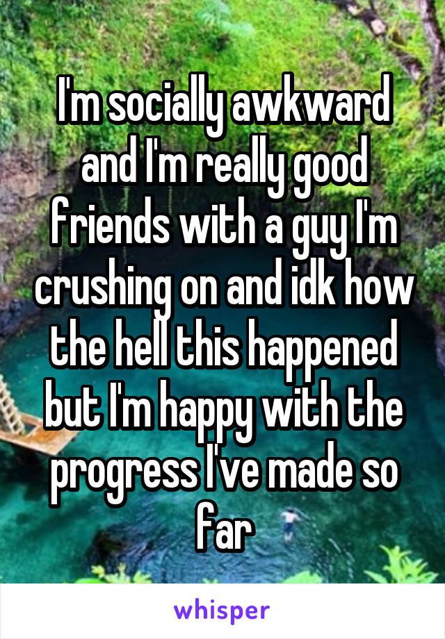 I'm socially awkward and I'm really good friends with a guy I'm crushing on and idk how the hell this happened but I'm happy with the progress I've made so far