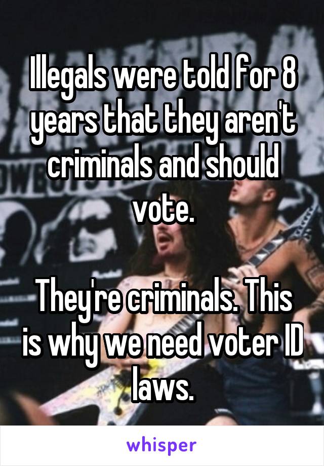 Illegals were told for 8 years that they aren't criminals and should vote.

They're criminals. This is why we need voter ID laws.