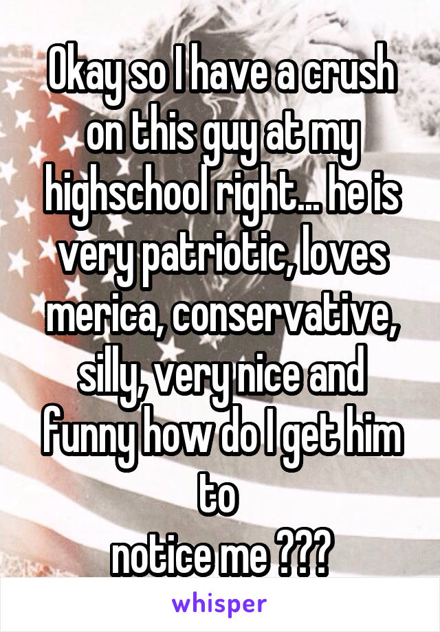 Okay so I have a crush on this guy at my highschool right... he is very patriotic, loves merica, conservative, silly, very nice and funny how do I get him to 
notice me ???