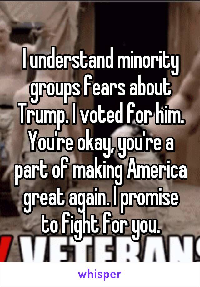 I understand minority groups fears about Trump. I voted for him. You're okay, you're a part of making America great again. I promise to fight for you.