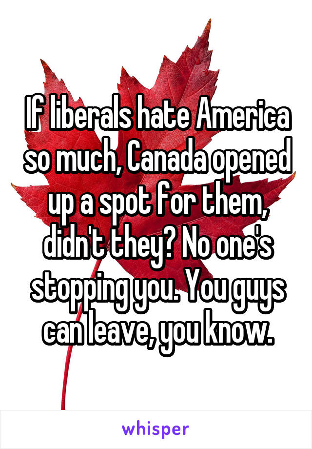 If liberals hate America so much, Canada opened up a spot for them, didn't they? No one's stopping you. You guys can leave, you know.