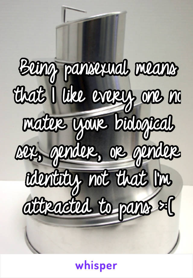 Being pansexual means that I like every one no mater your biological sex, gender, or gender identity not that I'm attracted to pans >:[