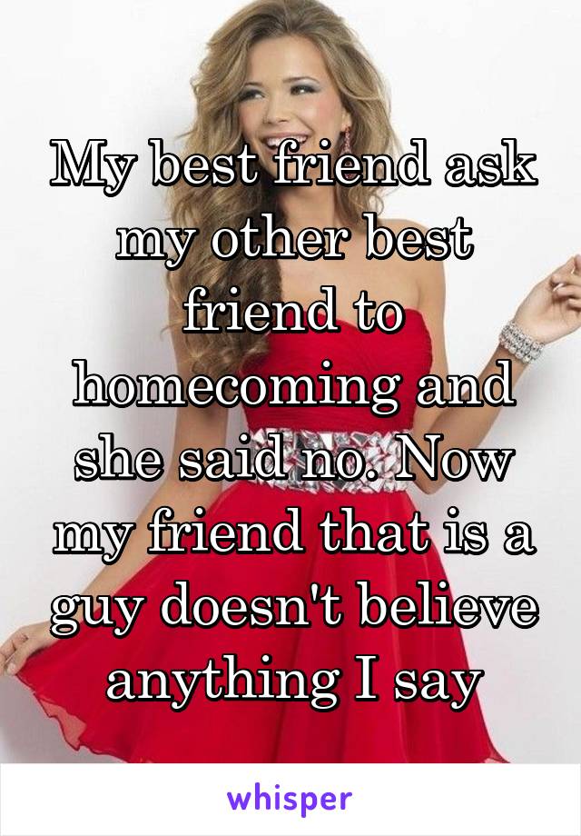 My best friend ask my other best friend to homecoming and she said no. Now my friend that is a guy doesn't believe anything I say