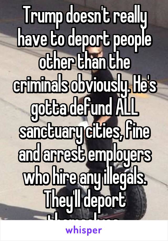 Trump doesn't really have to deport people other than the criminals obviously. He's gotta defund ALL sanctuary cities, fine and arrest employers who hire any illegals. They'll deport themselves.