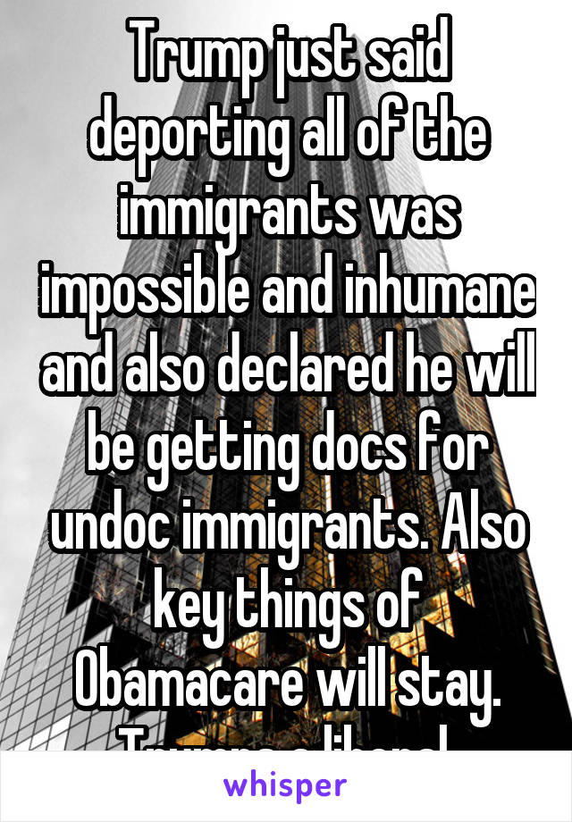 Trump just said deporting all of the immigrants was impossible and inhumane and also declared he will be getting docs for undoc immigrants. Also key things of Obamacare will stay. Trumps a liberal 