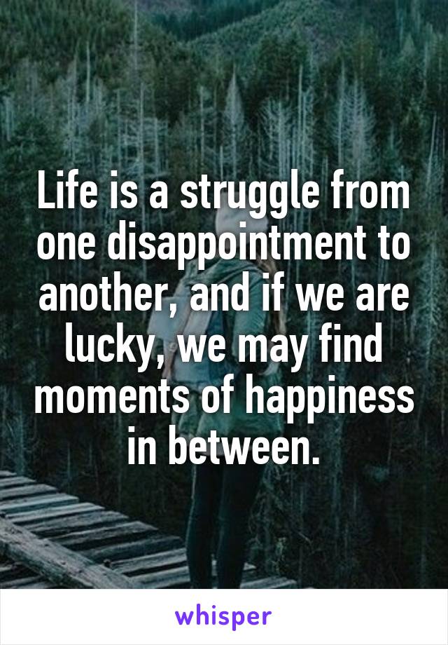 Life is a struggle from one disappointment to another, and if we are lucky, we may find moments of happiness in between.