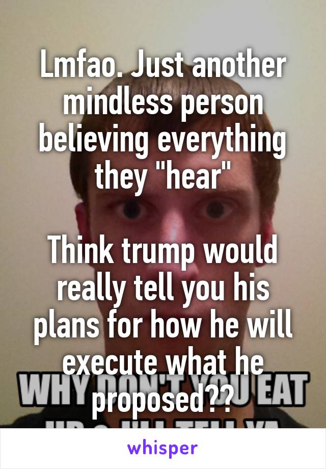 Lmfao. Just another mindless person believing everything they "hear"

Think trump would really tell you his plans for how he will execute what he proposed??