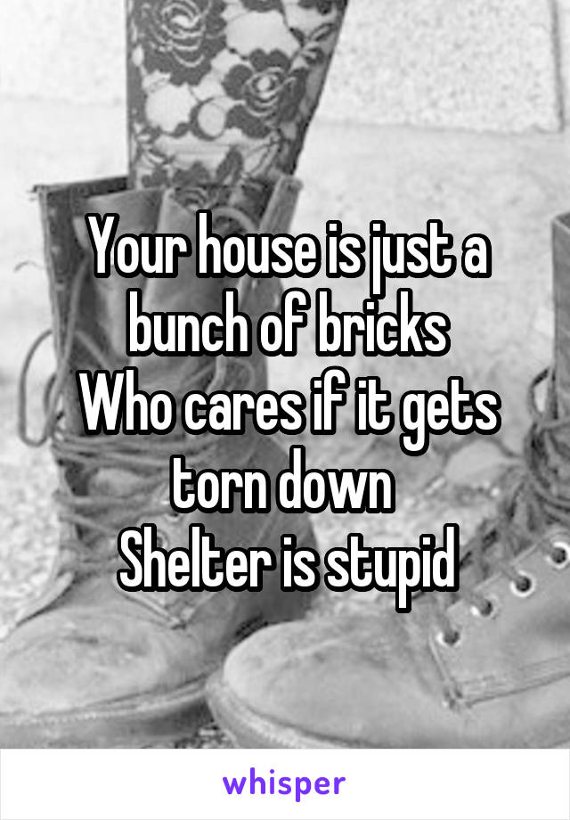 Your house is just a bunch of bricks
Who cares if it gets torn down 
Shelter is stupid