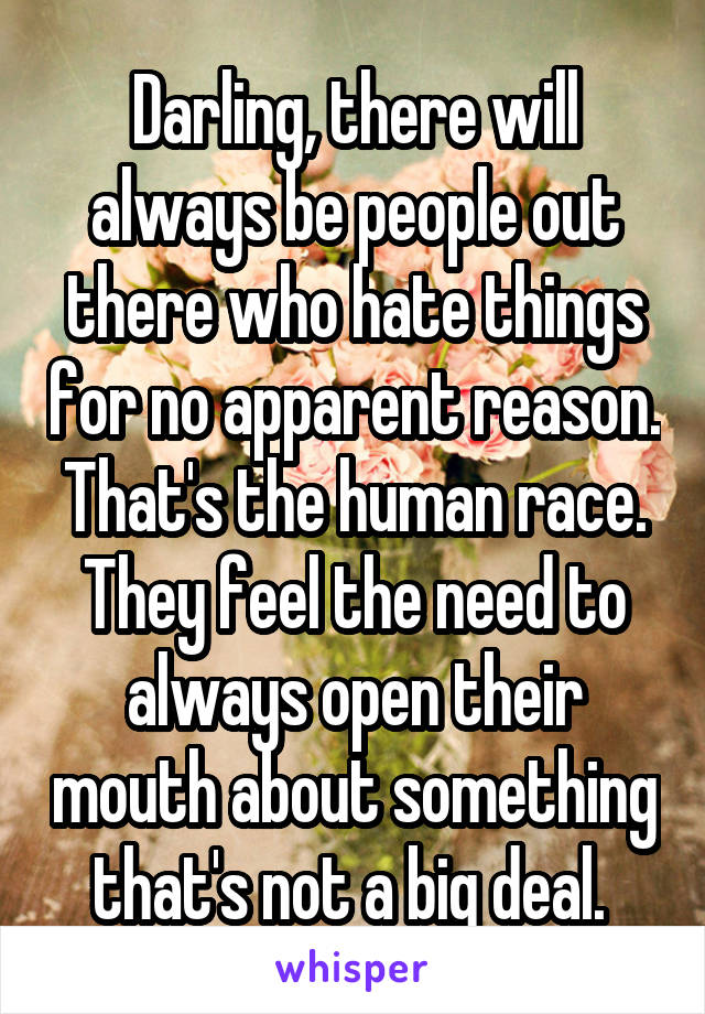 Darling, there will always be people out there who hate things for no apparent reason. That's the human race. They feel the need to always open their mouth about something that's not a big deal. 