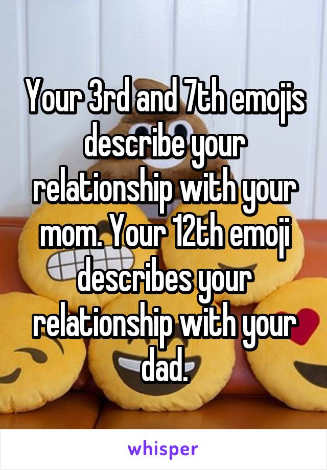 Your 3rd and 7th emojis describe your relationship with your mom. Your 12th emoji describes your relationship with your dad.