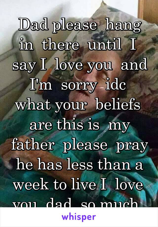 Dad please  hang in  there  until  I  say I  love you  and I'm  sorry  idc  what your  beliefs  are this is  my father  please  pray he has less than a week to live I  love  you  dad  so much..