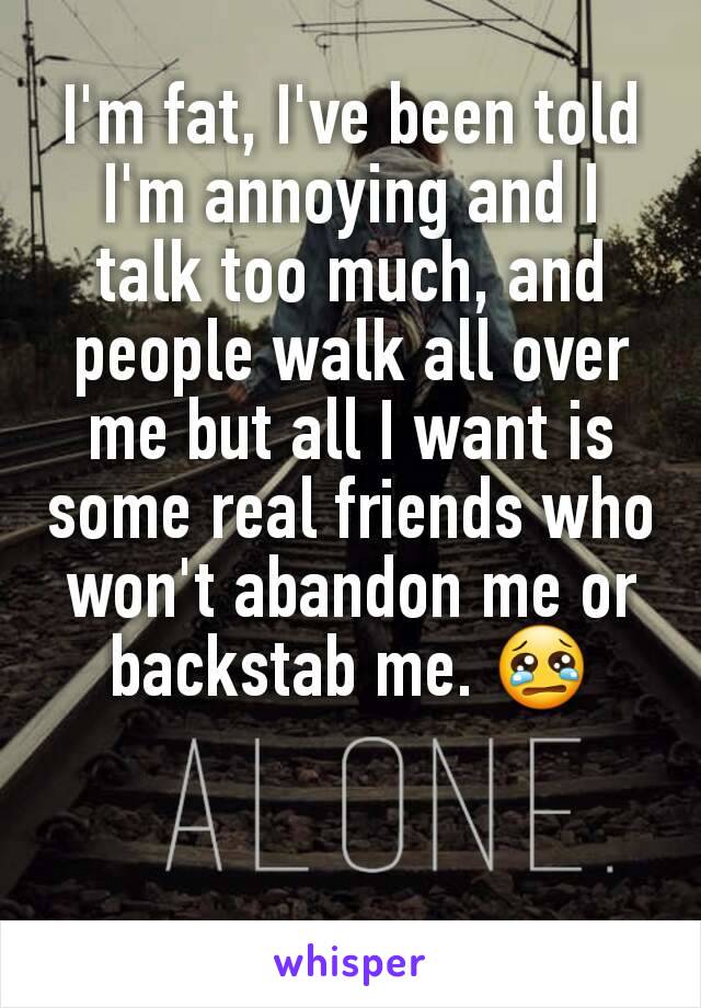 I'm fat, I've been told I'm annoying and I talk too much, and people walk all over me but all I want is some real friends who won't abandon me or backstab me. 😢