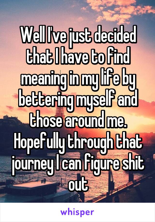 Well I've just decided that I have to find meaning in my life by bettering myself and those around me. Hopefully through that journey I can figure shit out