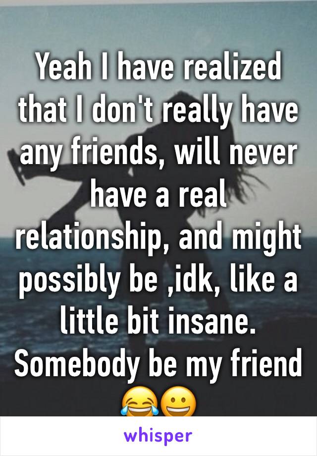 Yeah I have realized that I don't really have any friends, will never have a real relationship, and might possibly be ,idk, like a little bit insane. Somebody be my friend 😂😀