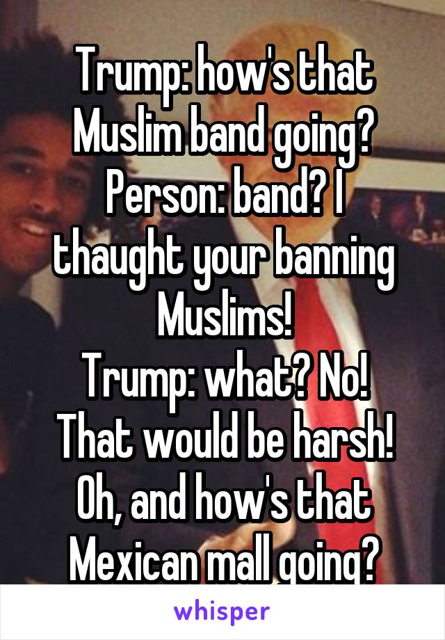 Trump: how's that Muslim band going?
Person: band? I thaught your banning Muslims!
Trump: what? No! That would be harsh! Oh, and how's that Mexican mall going?