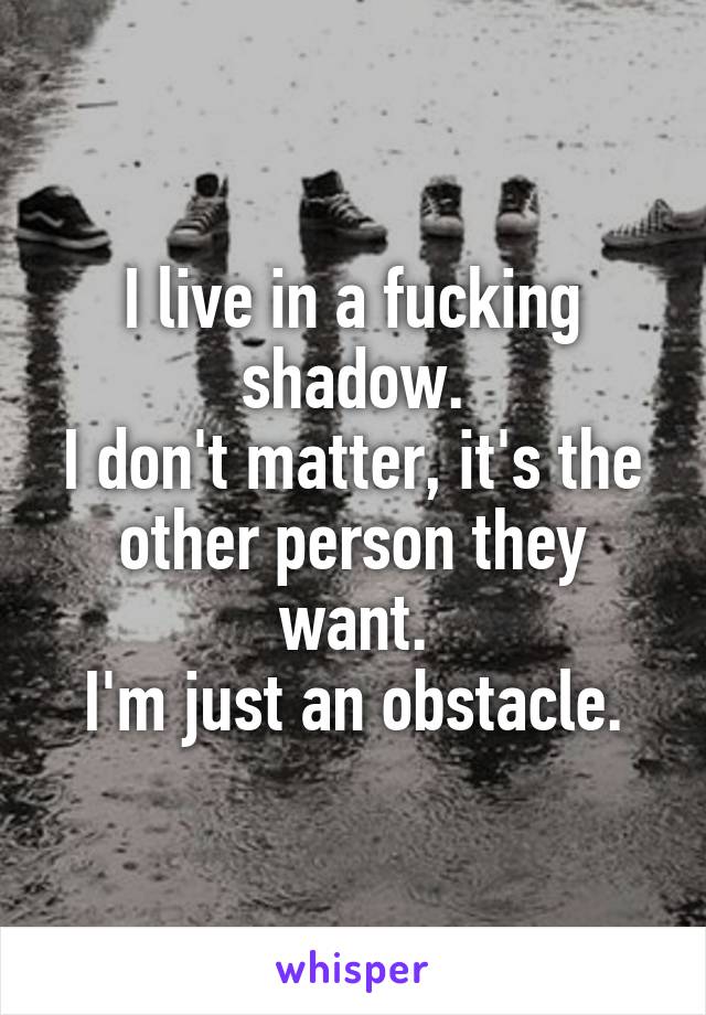 I live in a fucking shadow.
I don't matter, it's the other person they want.
I'm just an obstacle.