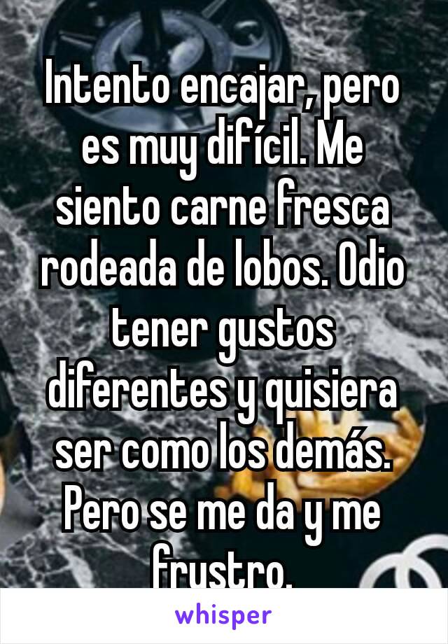 Intento encajar, pero es muy difícil. Me siento carne fresca rodeada de lobos. Odio tener gustos diferentes y quisiera ser como los demás. Pero se me da y me frustro.