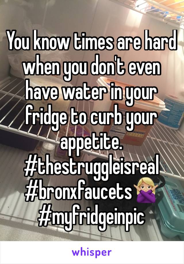 You know times are hard when you don't even have water in your fridge to curb your appetite. #thestruggleisreal
#bronxfaucets🙅🏼
#myfridgeinpic