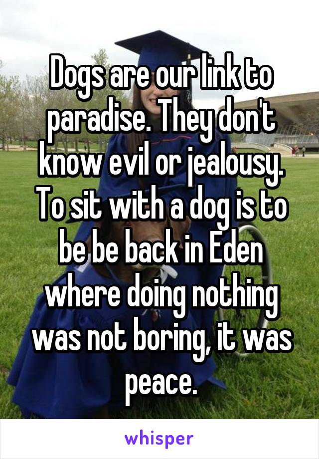 Dogs are our link to paradise. They don't know evil or jealousy. To sit with a dog is to be be back in Eden where doing nothing was not boring, it was peace.