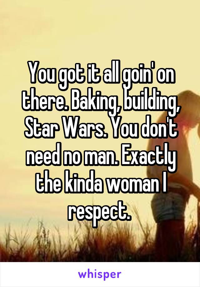 You got it all goin' on there. Baking, building, Star Wars. You don't need no man. Exactly the kinda woman I respect. 