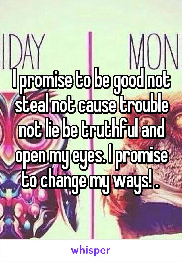 I promise to be good not steal not cause trouble not lie be truthful and open my eyes. I promise to change my ways! . 