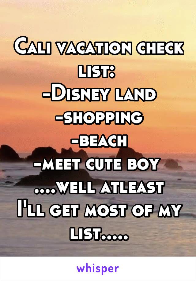 Cali vacation check list: 
-Disney land
-shopping
-beach
-meet cute boy 
....well atleast I'll get most of my list.....