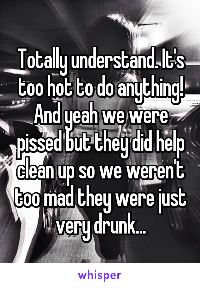 Totally understand. It's too hot to do anything! And yeah we were pissed but they did help clean up so we weren't too mad they were just very drunk...