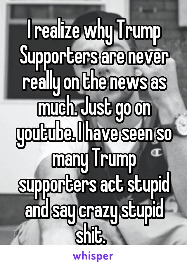 I realize why Trump Supporters are never really on the news as much. Just go on youtube. I have seen so many Trump supporters act stupid and say crazy stupid shit.  