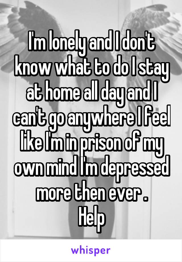 I'm lonely and I don't know what to do I stay at home all day and I can't go anywhere I feel like I'm in prison of my own mind I'm depressed more then ever .
Help