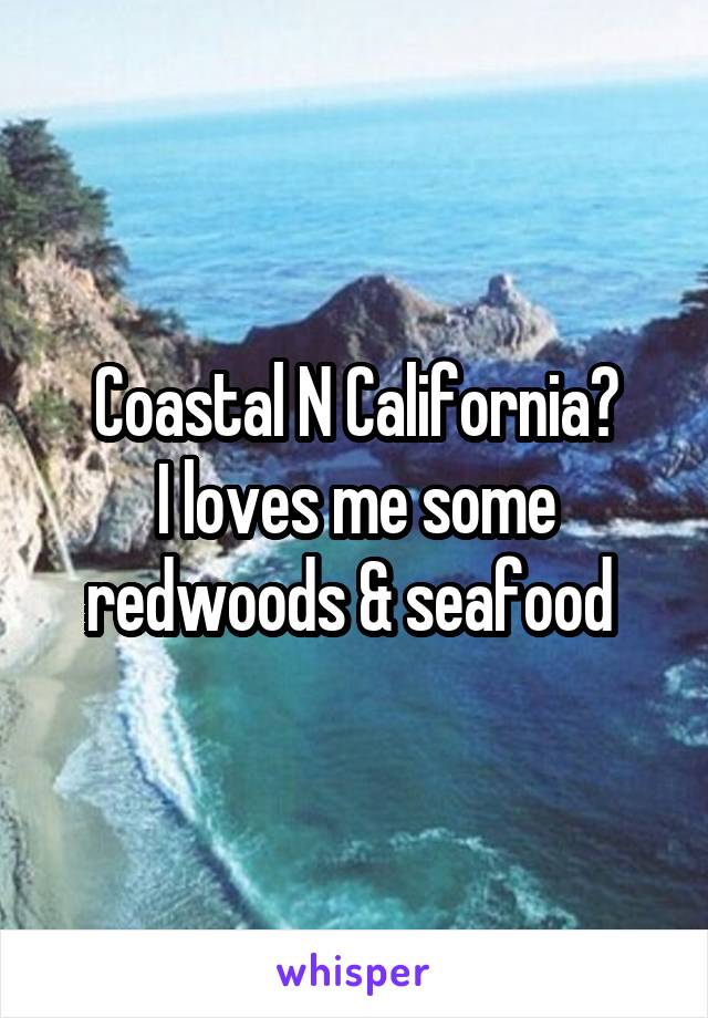 Coastal N California?
I loves me some redwoods & seafood 