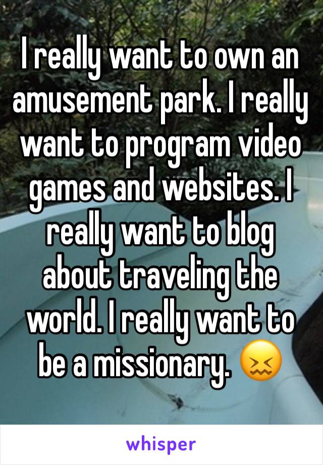 I really want to own an amusement park. I really want to program video games and websites. I really want to blog about traveling the world. I really want to be a missionary. 😖