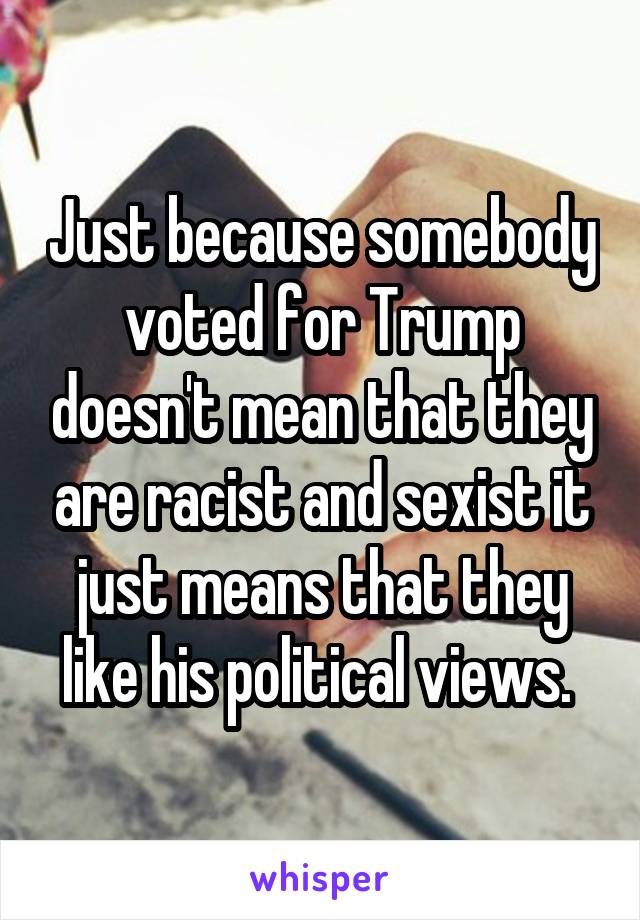 Just because somebody voted for Trump doesn't mean that they are racist and sexist it just means that they like his political views. 