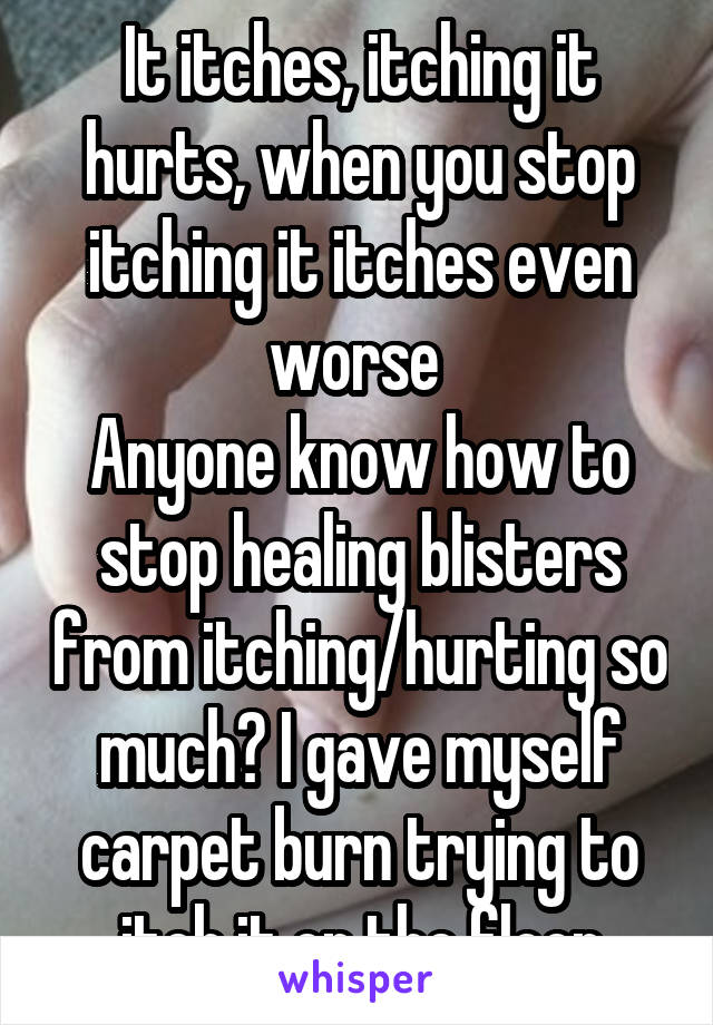 It itches, itching it hurts, when you stop itching it itches even worse 
Anyone know how to stop healing blisters from itching/hurting so much? I gave myself carpet burn trying to itch it on the floor