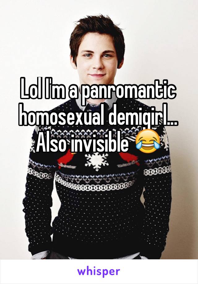 Lol I'm a panromantic homosexual demigirl... Also invisible 😂