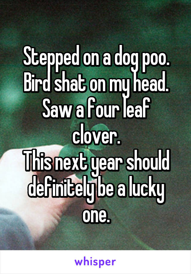 Stepped on a dog poo.
Bird shat on my head.
Saw a four leaf clover.
This next year should definitely be a lucky one.