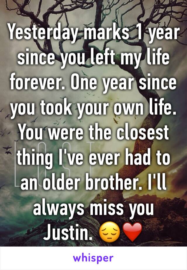 Yesterday marks 1 year since you left my life forever. One year since you took your own life. You were the closest thing I've ever had to an older brother. I'll always miss you Justin. 😔❤️