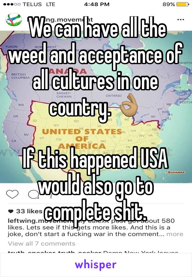  We can have all the weed and acceptance of all cultures in one country. 👌🏽

If this happened USA would also go to complete shit. 