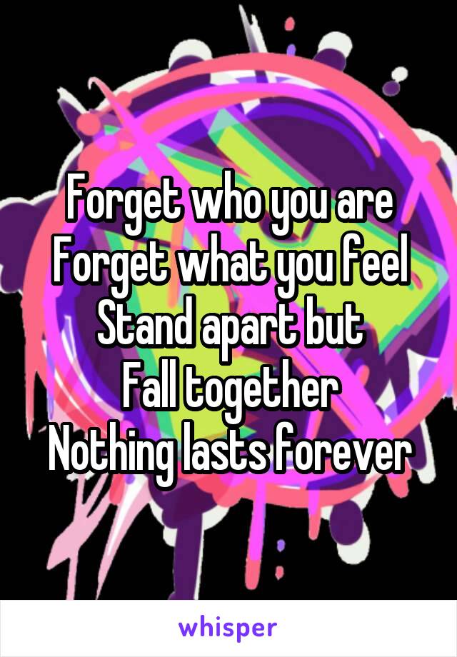 Forget who you are
Forget what you feel
Stand apart but
Fall together
Nothing lasts forever