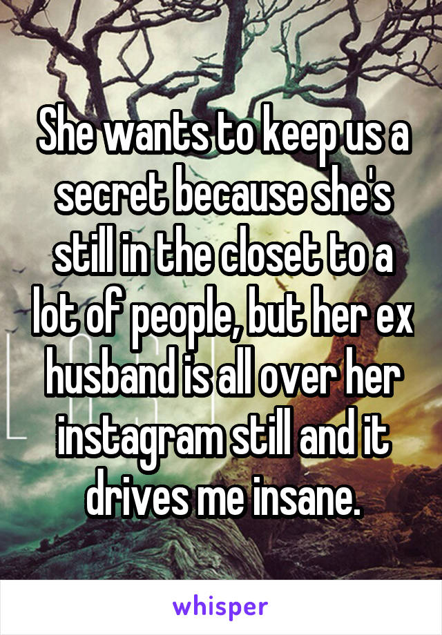 She wants to keep us a secret because she's still in the closet to a lot of people, but her ex husband is all over her instagram still and it drives me insane.