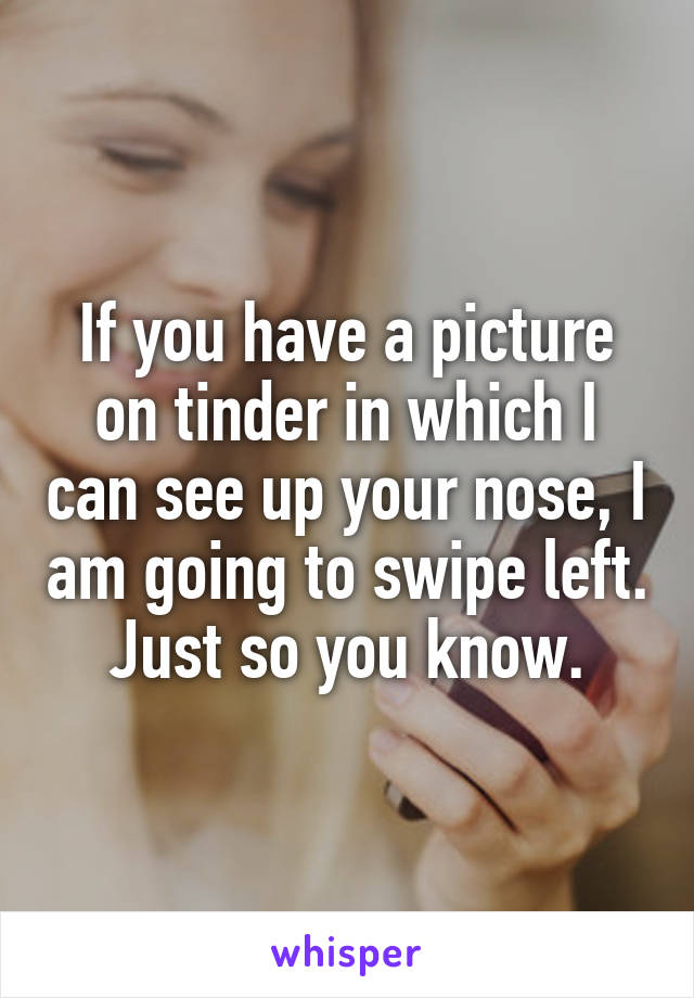 If you have a picture on tinder in which I can see up your nose, I am going to swipe left. Just so you know.