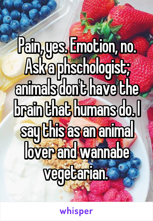 Pain, yes. Emotion, no. Ask a phschologist; animals don't have the brain that humans do. I say this as an animal lover and wannabe vegetarian. 